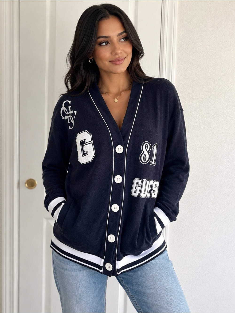 GUESS Navy Blue Varsity Cardigan Jacket with White Trim